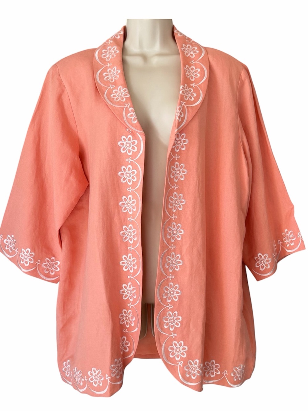 NWT Bob Mackie Coral Peach Open Jacket Blazer 1X Linen Floral Embroidered office
